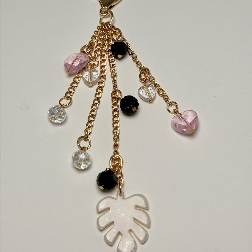 Gold Leaf Heart Beaded Key Chain Pink Black Acrylic Accent for Women - Picture 2 of 8